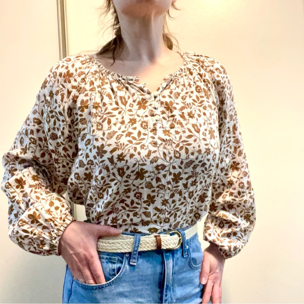 Old Navy Boho Brown Floral Print Cotton Peasant Cottagecore Blouse Top